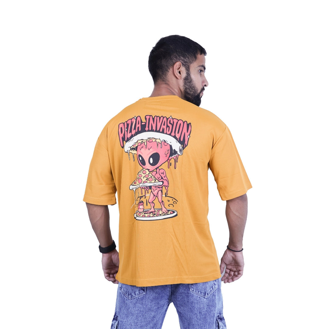Yellow Pizza Invasion Back Print Oversized T-shirt view 2