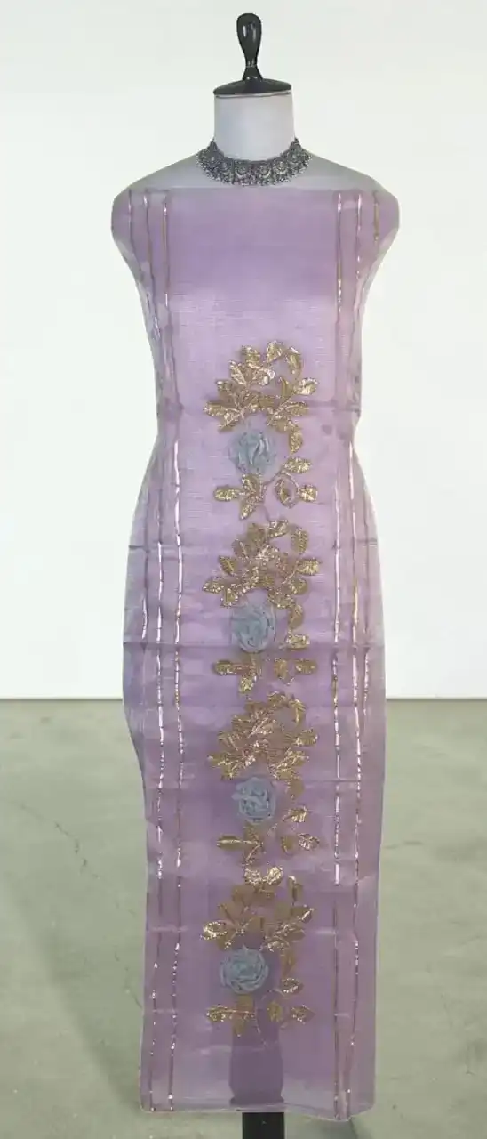 Handwoven Kota Doria Dress Material in Pastel Lilac with Hand Embroidery view 2
