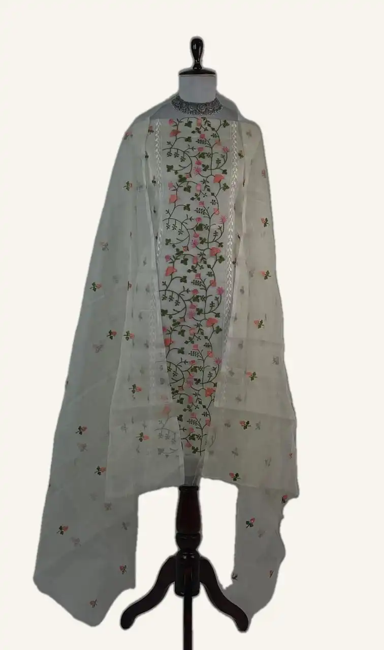Kota Doria Dress Material Peach Floral Vine Jaal view 2