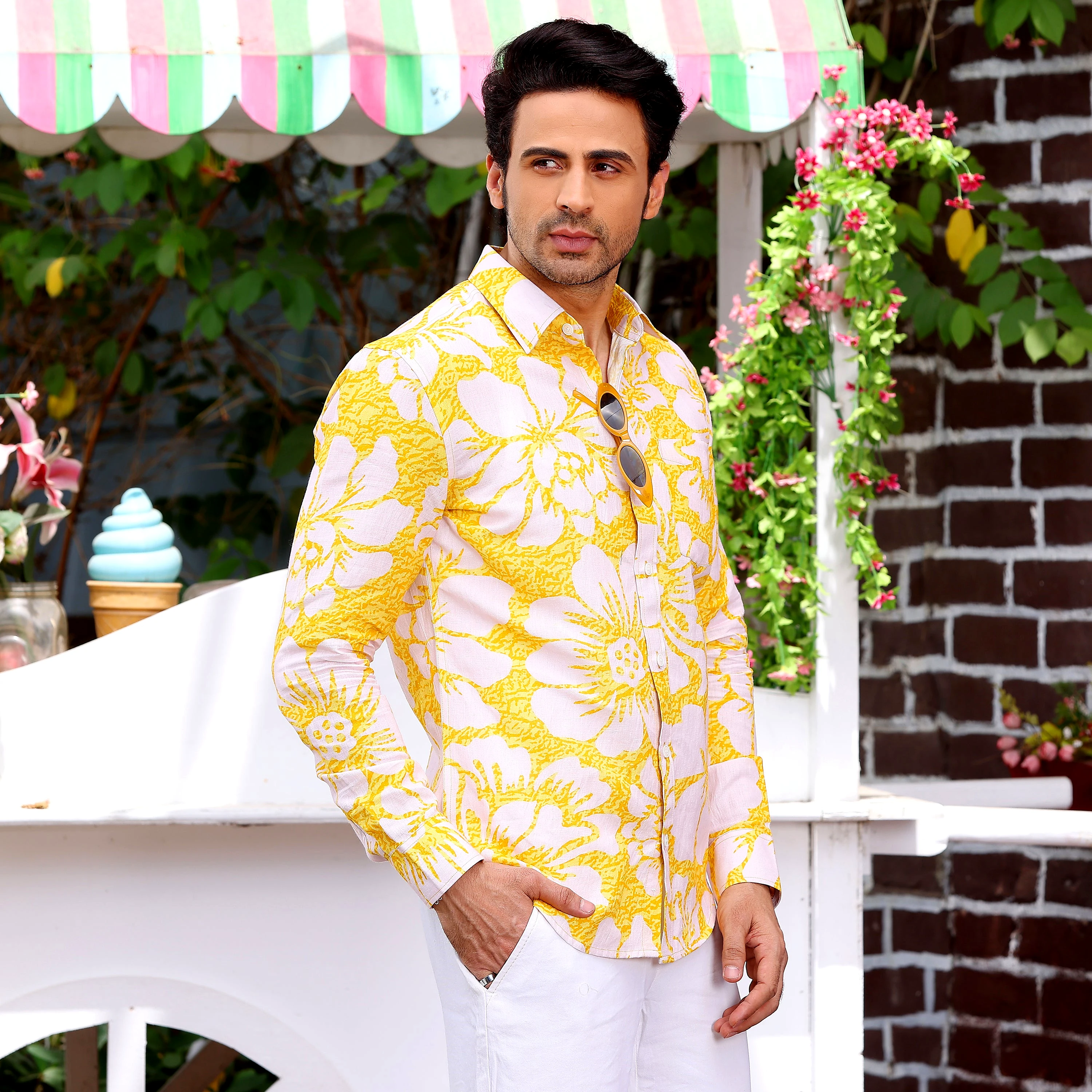 Hibiscus Pineapple Yellow Casual Pure Linen Full shirt (Size - M) by BLUE EAGLE view 2