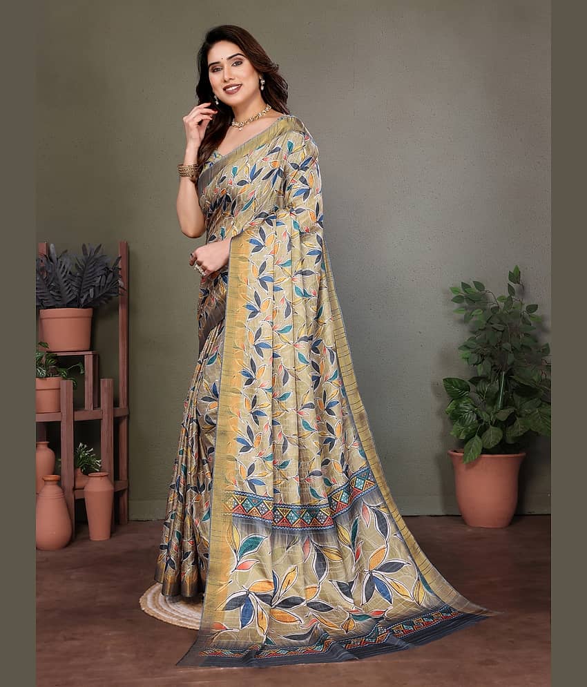 NightBlue Cotton Printed Saree With Unstitched Blouse Piece ( Gold ) view 2