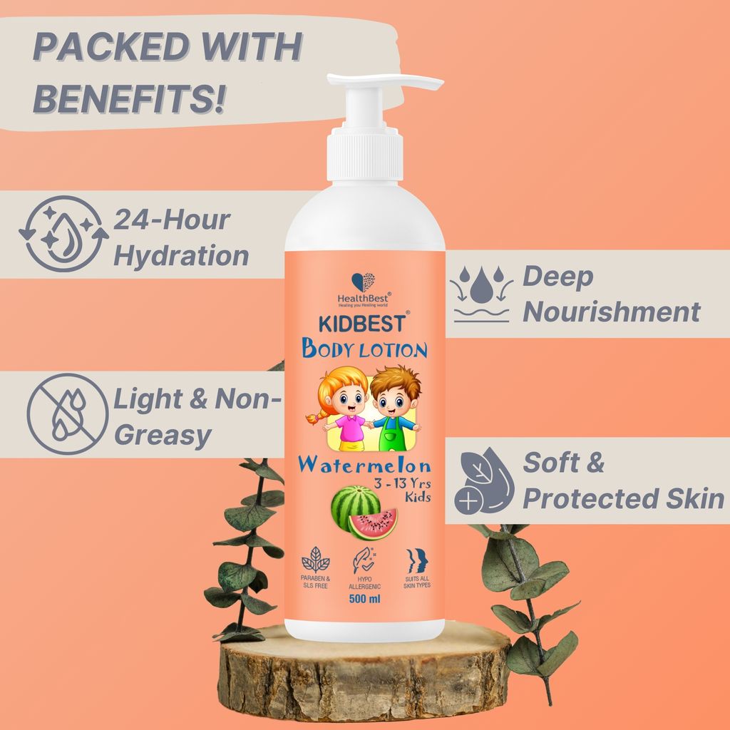 HealthBest Kids Body Lotion 500ml - Tear Free, Watermelon Moisturizer with Shea Butter & Vitamin E – Antibacterial, Paraben & SLS Free view 2