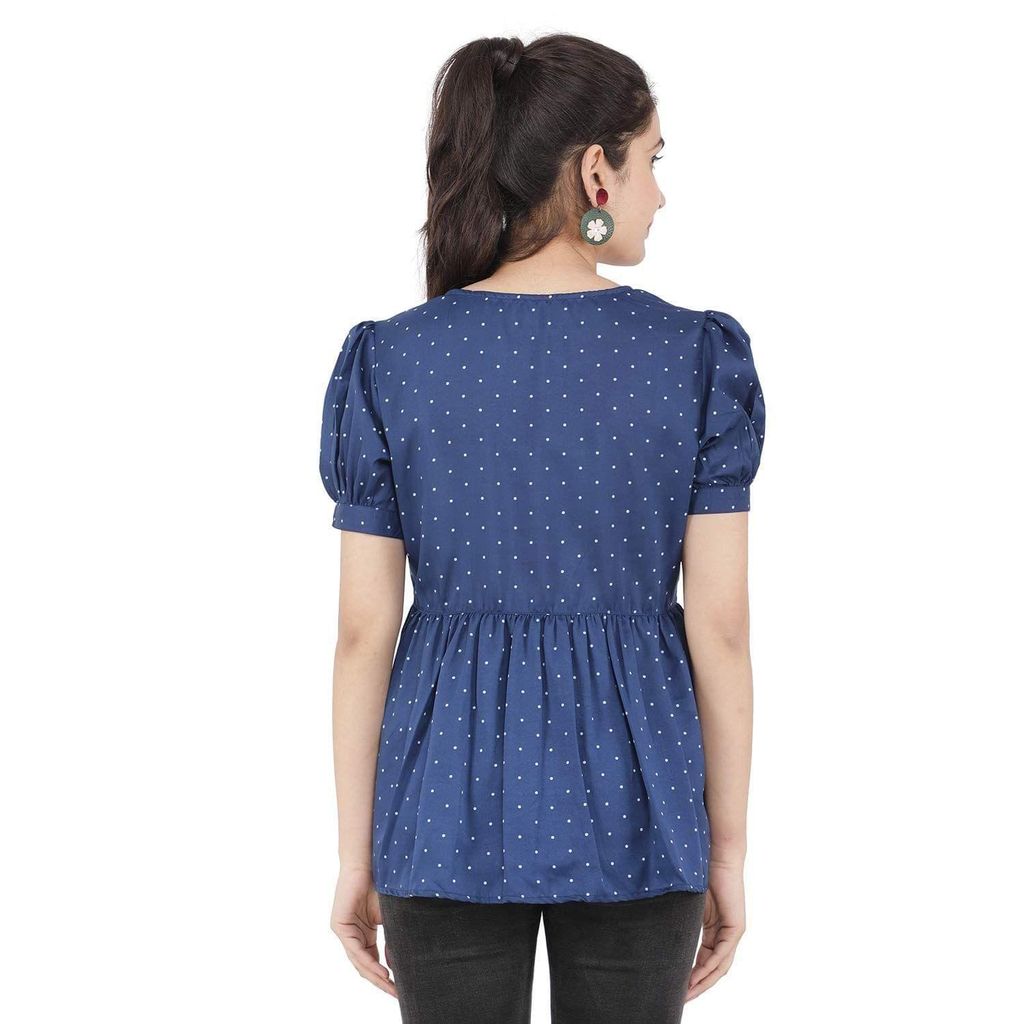 KULFI Women's Navy Blue Polka Dots Print Polyester Top view 2