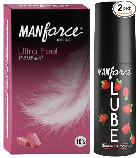 Manforce Ultra Feel Bubblegum Flavoured Condoms – 10 Pieces AND Manforce Lube Lubrication Gel for Men & Women Water-Based Gel Skin-Friendly Safe to Use with Condoms Strawberry Flavoured 60ml