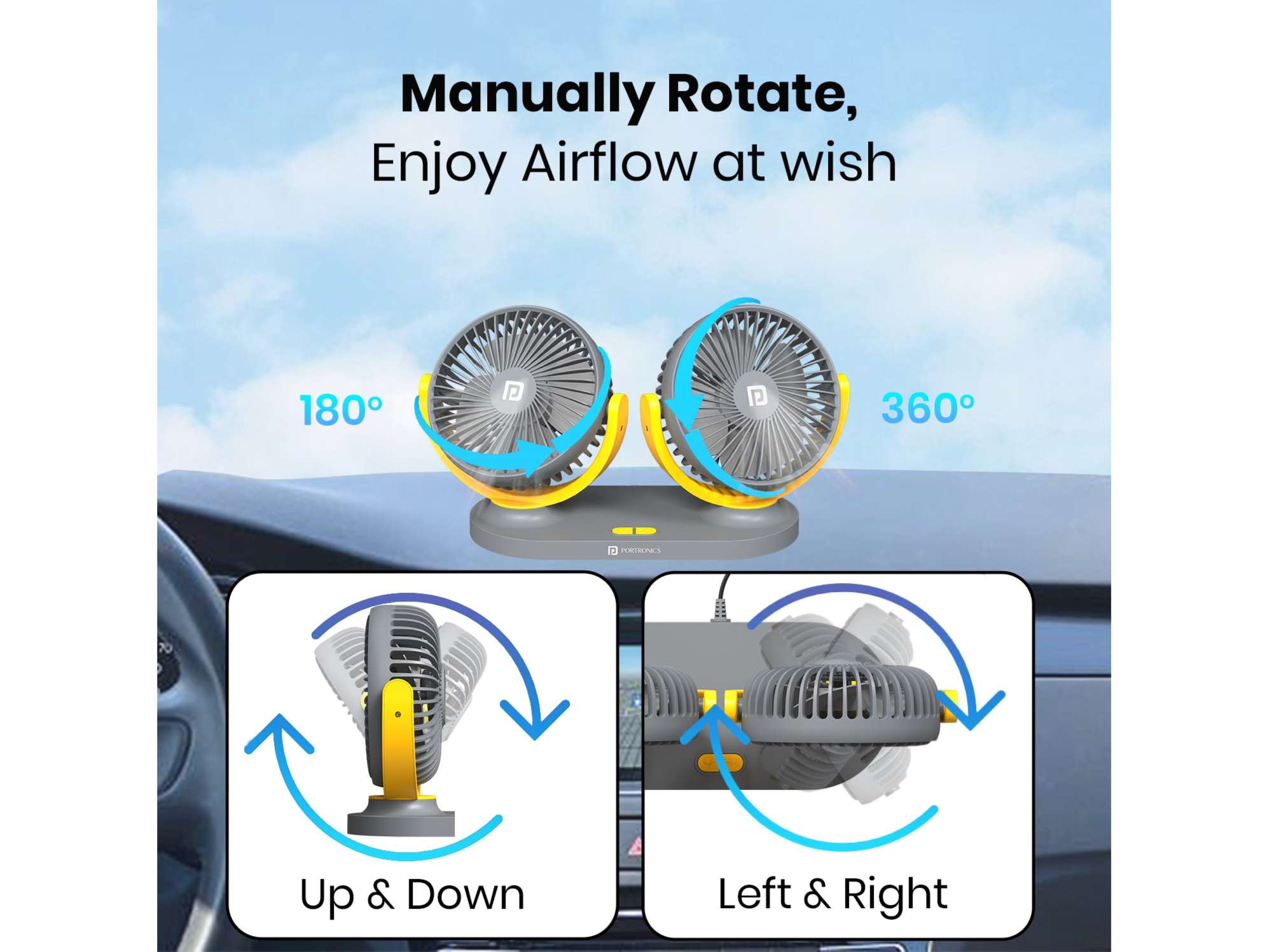 Portronics Twin Cool, Brushless Motor, Rotatable Heads, 3 Speed Mode, USB Powered Fan - Grey view 2