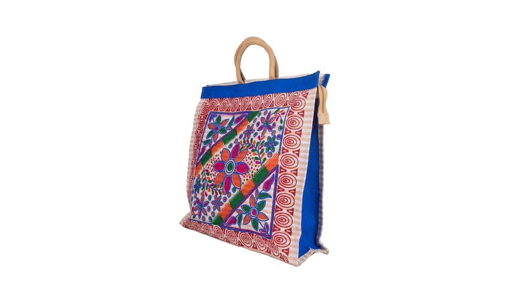Handcrafted Jute Tote Bag with Vibrant Floral Embroidery view 2