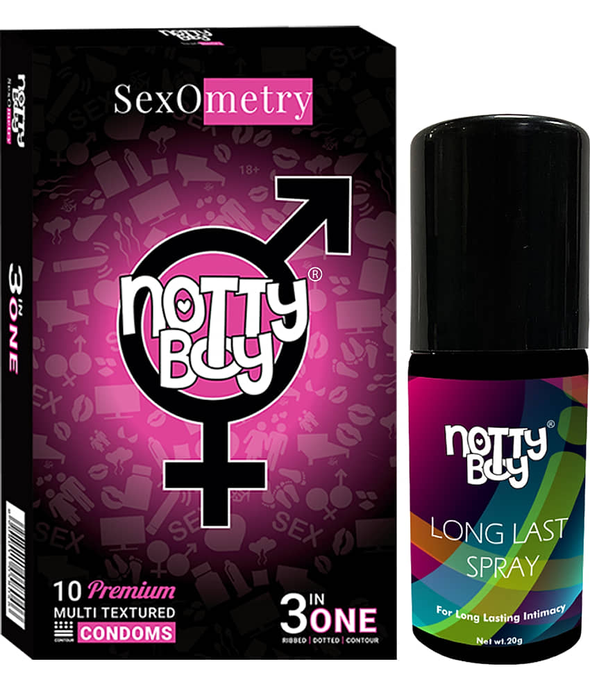 NottyBoy Long Last Delay Spray For Men 20g, 3in1 Ribbed Dotted Contoured Condoms - Pack of 1