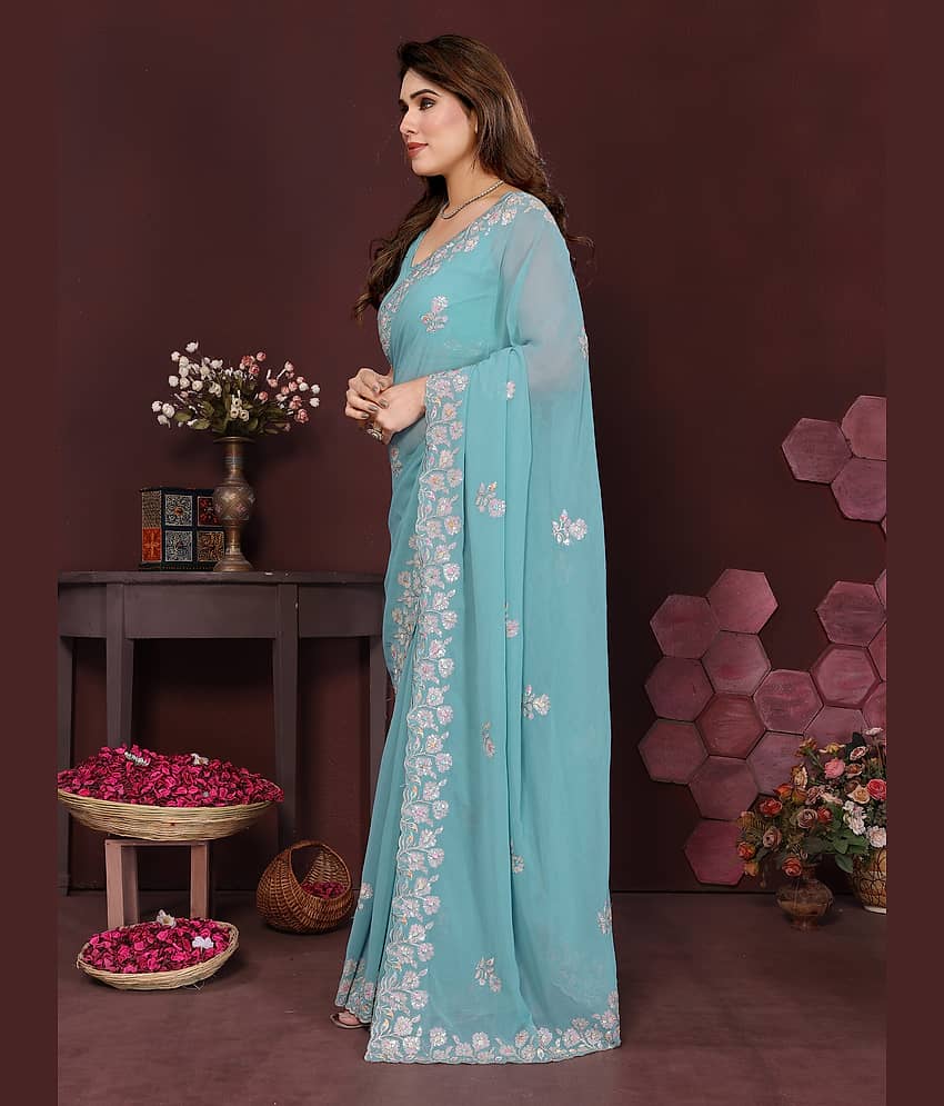 VEDANT VASTRAM Georgette Embroidered Regular Saree With Unstitched Blouse Piece ( Turquoise ) view 2