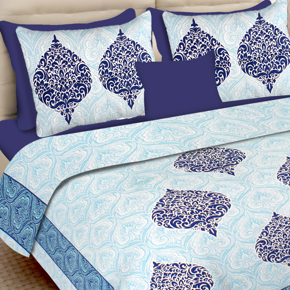 Lali Prints Jaipuri Blue Ethnic Motifs Cotton 130 TC Queen Bedsheet 2 Pillow Covers view 2