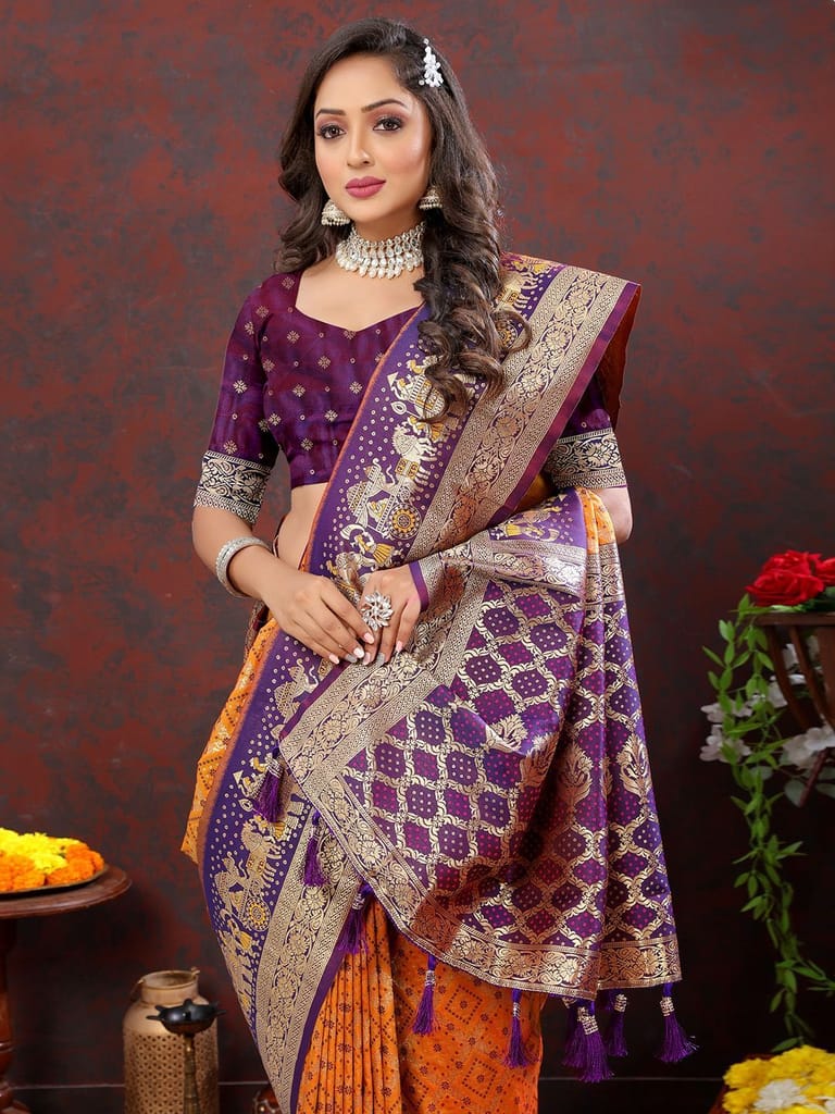 Orange & Wine Patola Silk Woven Design Meenakari Weaving Saree view 2