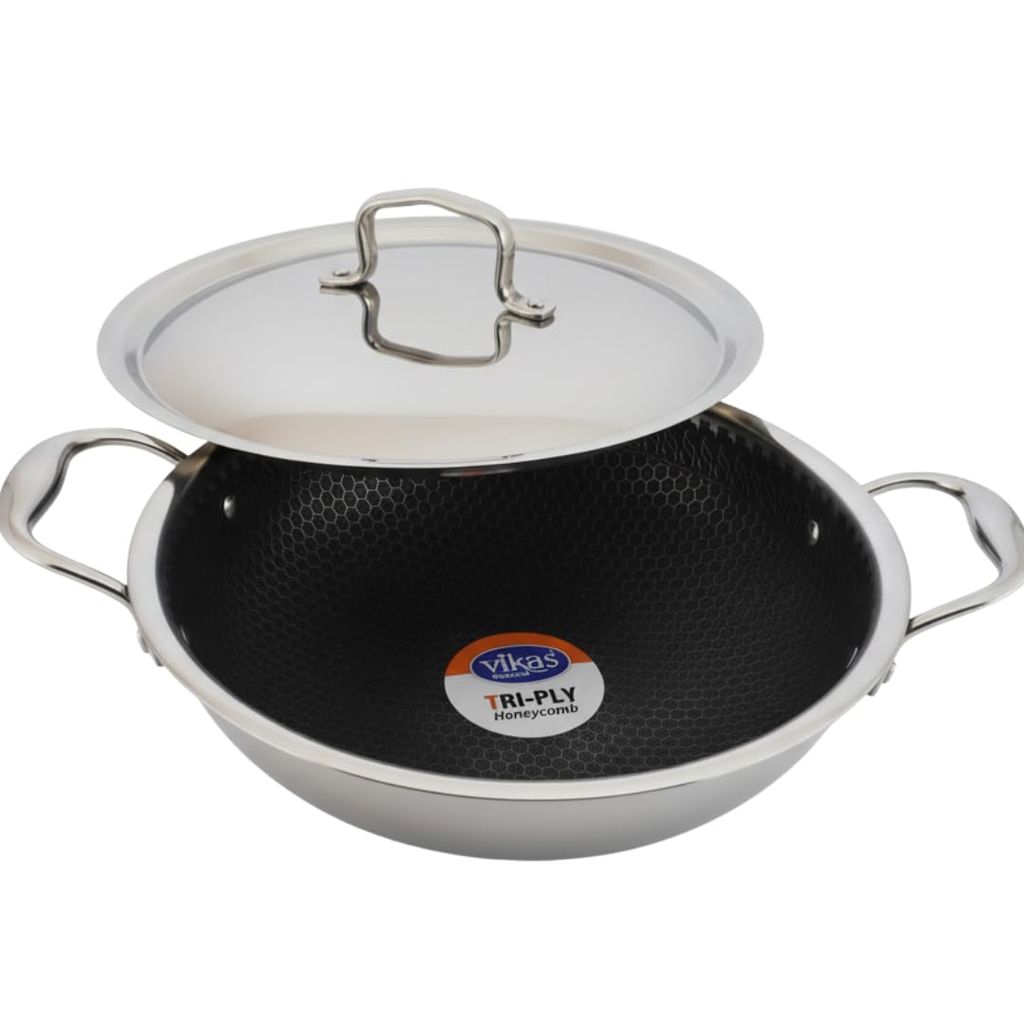Triply Honeycomb Kadhai with Lid | Stainless Steel Honeycomb Kadhai | Induction & Gas Friendly | Even-Heat 3-Ply Cookware for Healthy Indian Cooking (22cm / 24cm / 26cm)