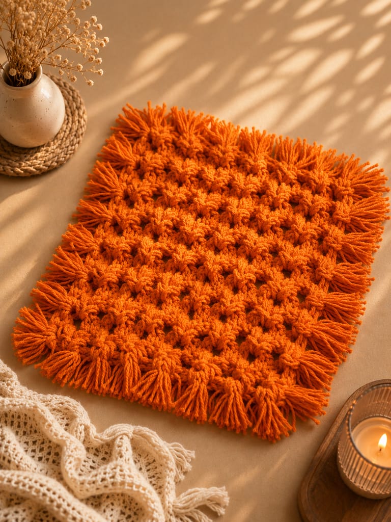 Hand-Knot Orange Macrame Cotton Round Placemat (30 cm Diameter)