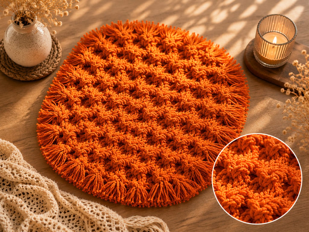 Hand-Knot Orange Macrame Cotton Round Placemat (30 cm Diameter) view 2