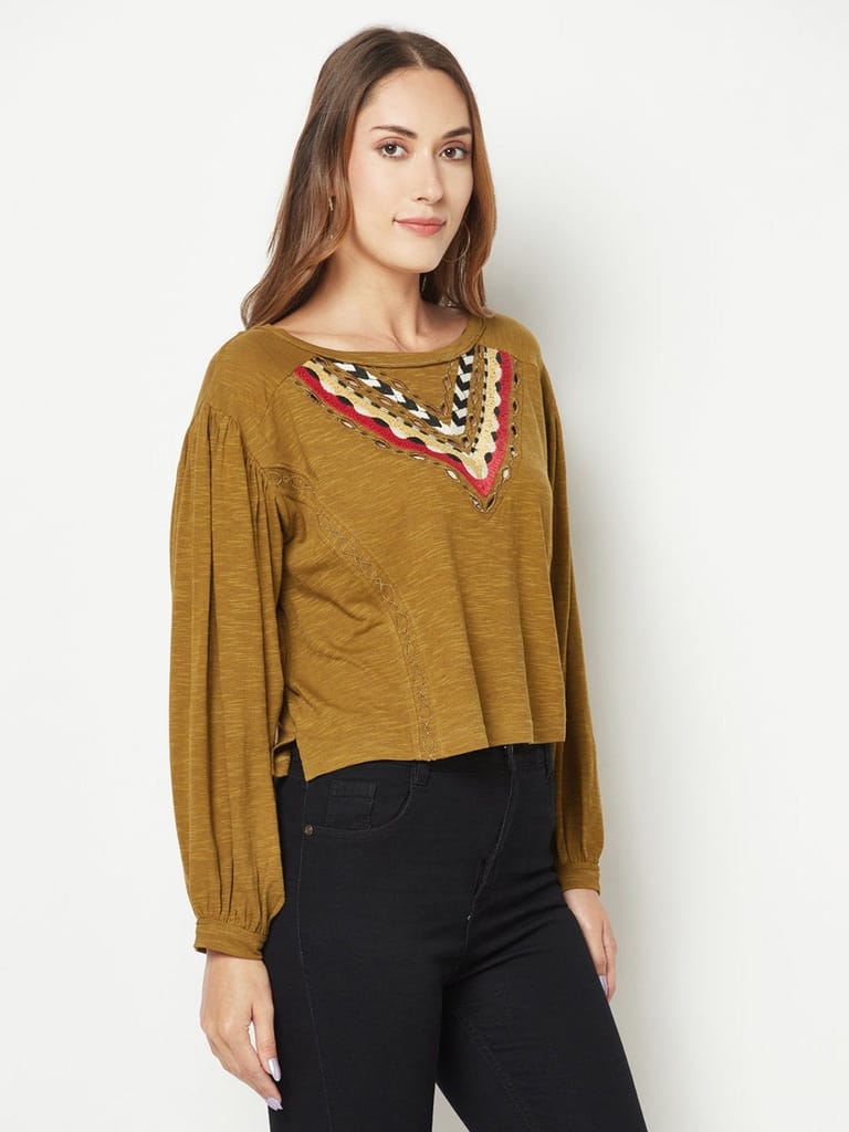 Olive Embroidered Balloon Sleeve Top view 2