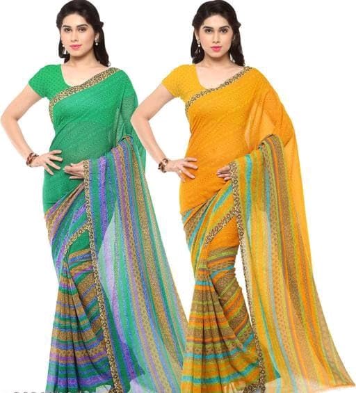KHUSHBOO DESIGNERS Women's Solid Georgette 5.5 Meter Saree with Unstitched Blouse Piece (Multicolor-1) Pack Of 2 view 2