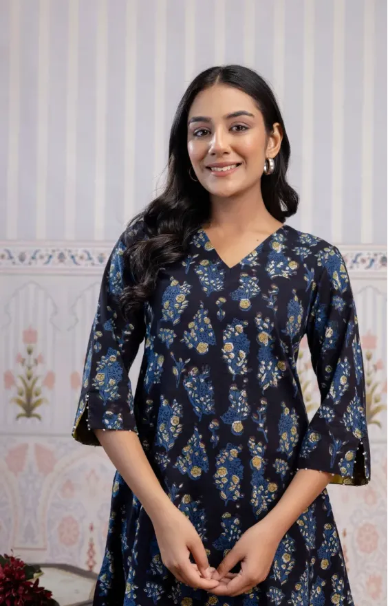 Black Indigo Blue Hand-Block Printed A-Line Dress view 2