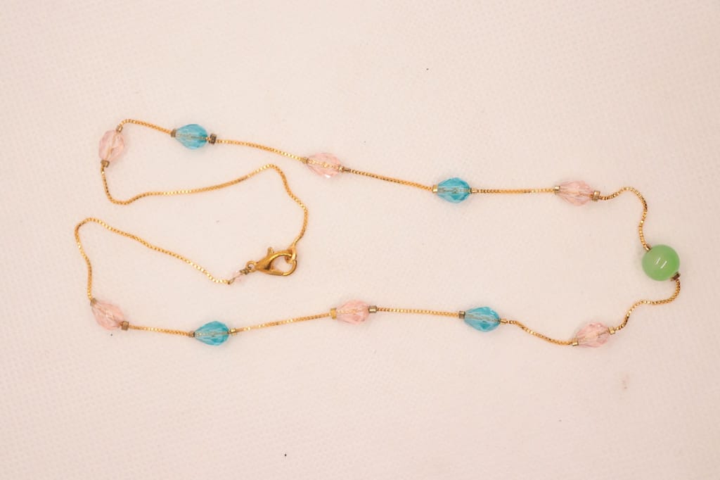 Gold Filled Chain Necklace with Aquamarine, Rose Quartz, and Green Jade Beads view 2
