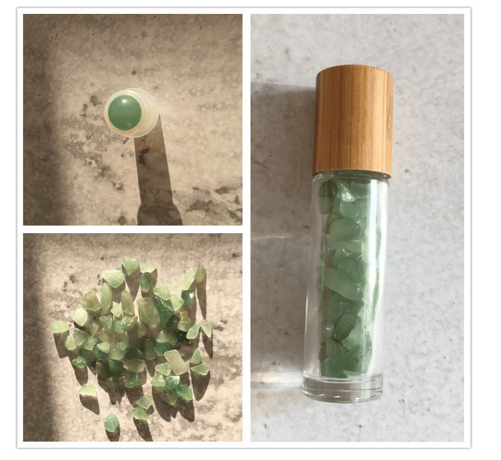 Getmecraft 10ml Green Jade Clear Glass Roll On Bottle For Essential Oils,Refillable Roller Bottle With Natural Crystal Gemstone Roller Balls Top,Bamboo Lid-Healing Crystal Chips Inside view 2