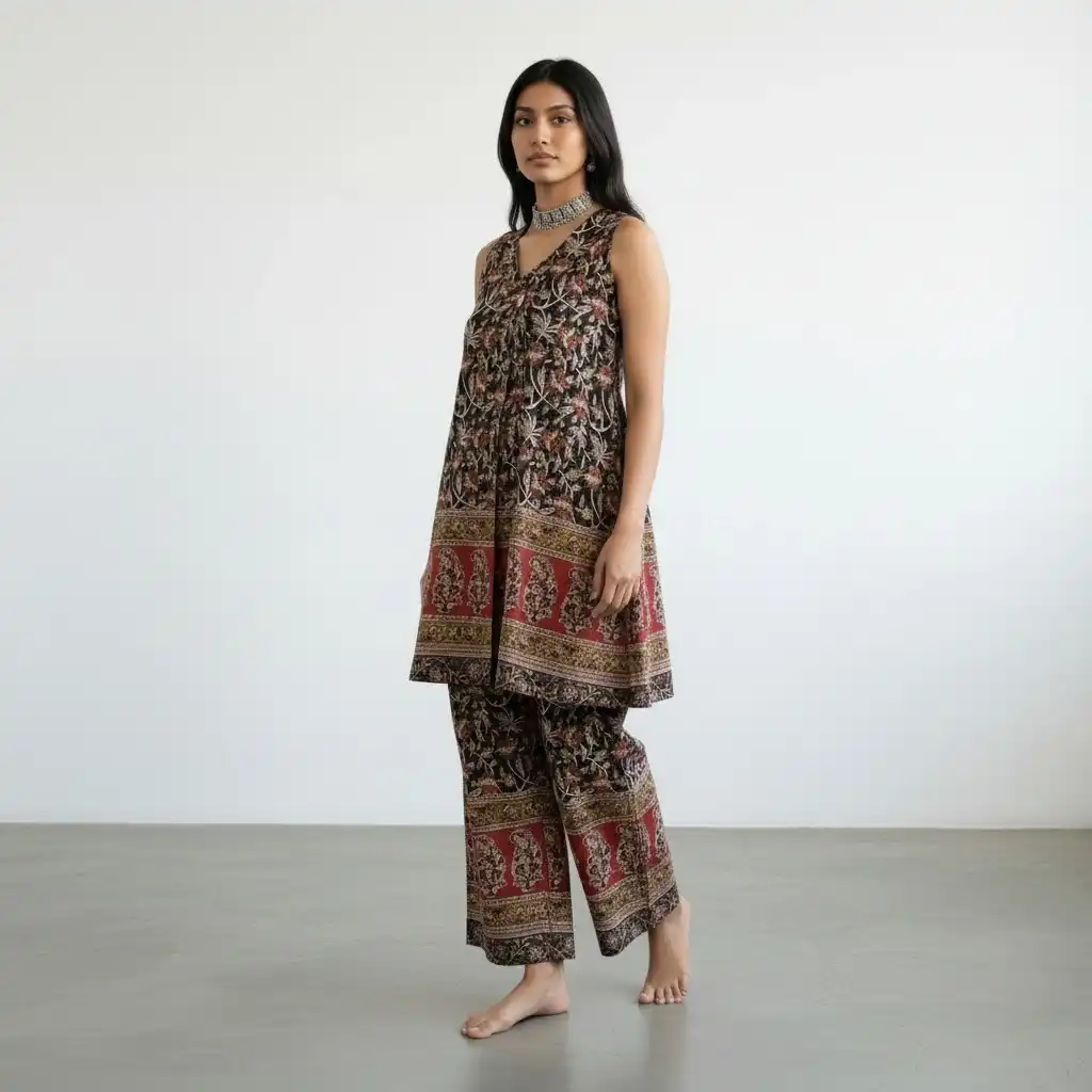 Handloom Cotton Co-Ord Set in Dark Indigo with Paisley Border