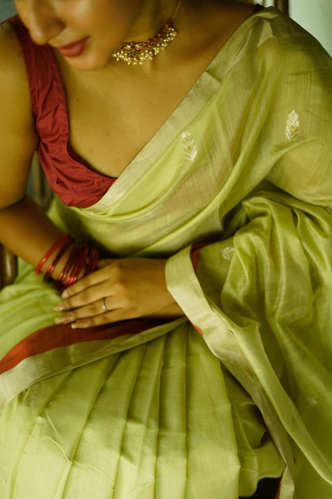 Utsav light green silk cotton silver Zari Chanderi Saree view 2