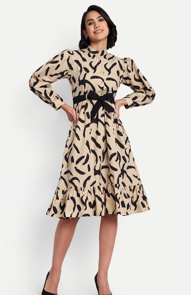 Women's Abstract Print Ruffle Hem Shirt Dress with Belt