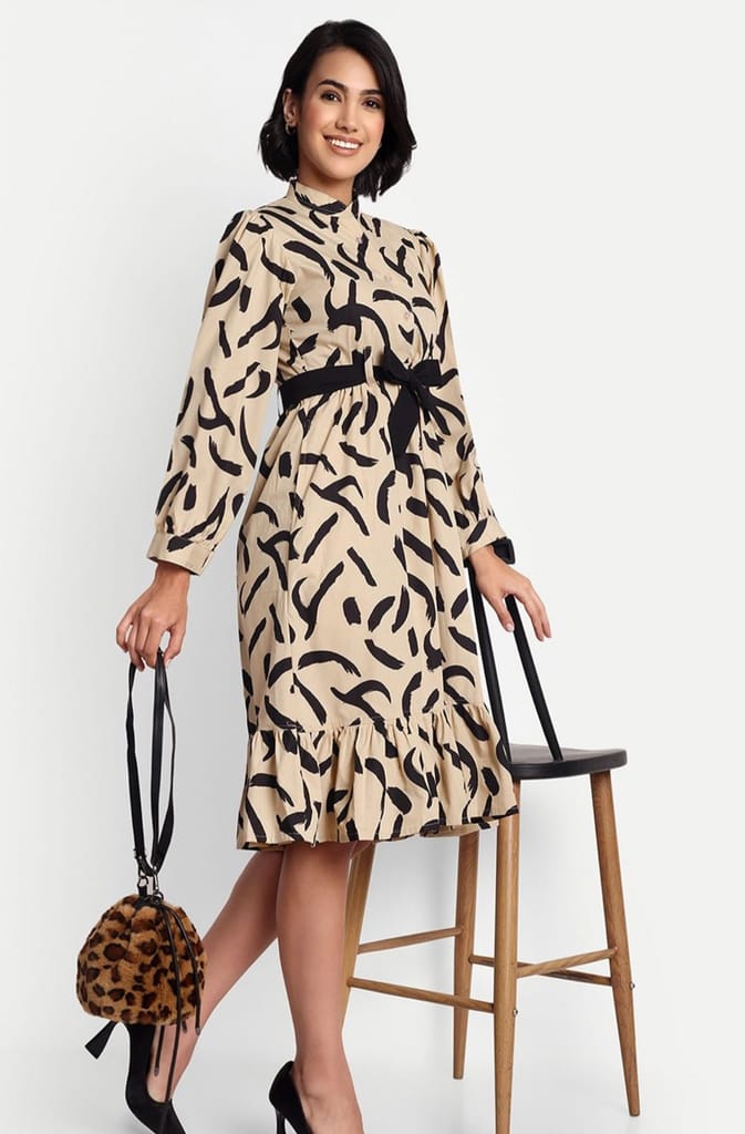 Women's Abstract Print Ruffle Hem Shirt Dress with Belt view 2