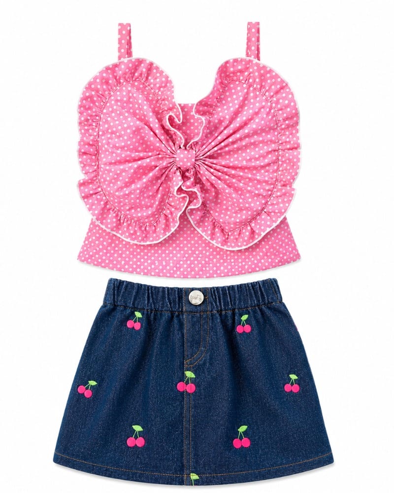 Bugyboo Pink Polka Bow Top with Cherry Denim Skirt,Girl Fashion Top