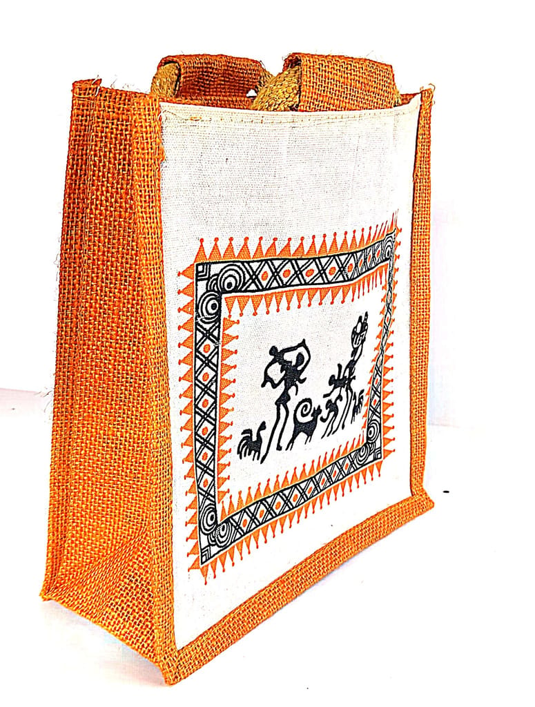 Handmade Jute Lunch Bag with Warli Painting view 2