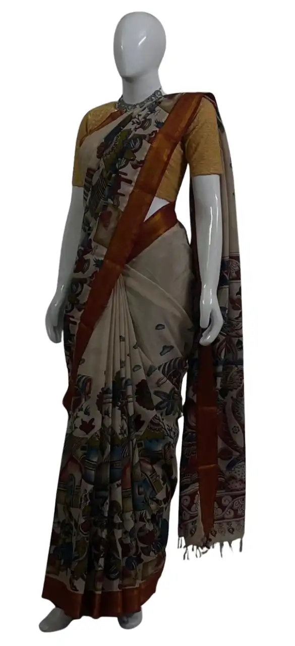 Kalamkari Cotton Saree Cream Narrative Pallu view 2