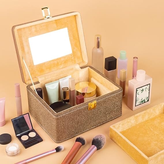 Makeup Box - Vanity Box for Women Bridal - Cosmetic Box Organiser, Durable, Stylish Finish for Home or Travel, Large Capacity Beauty Case for Brushes, Lipsticks & Skincare, (Gold) view 2