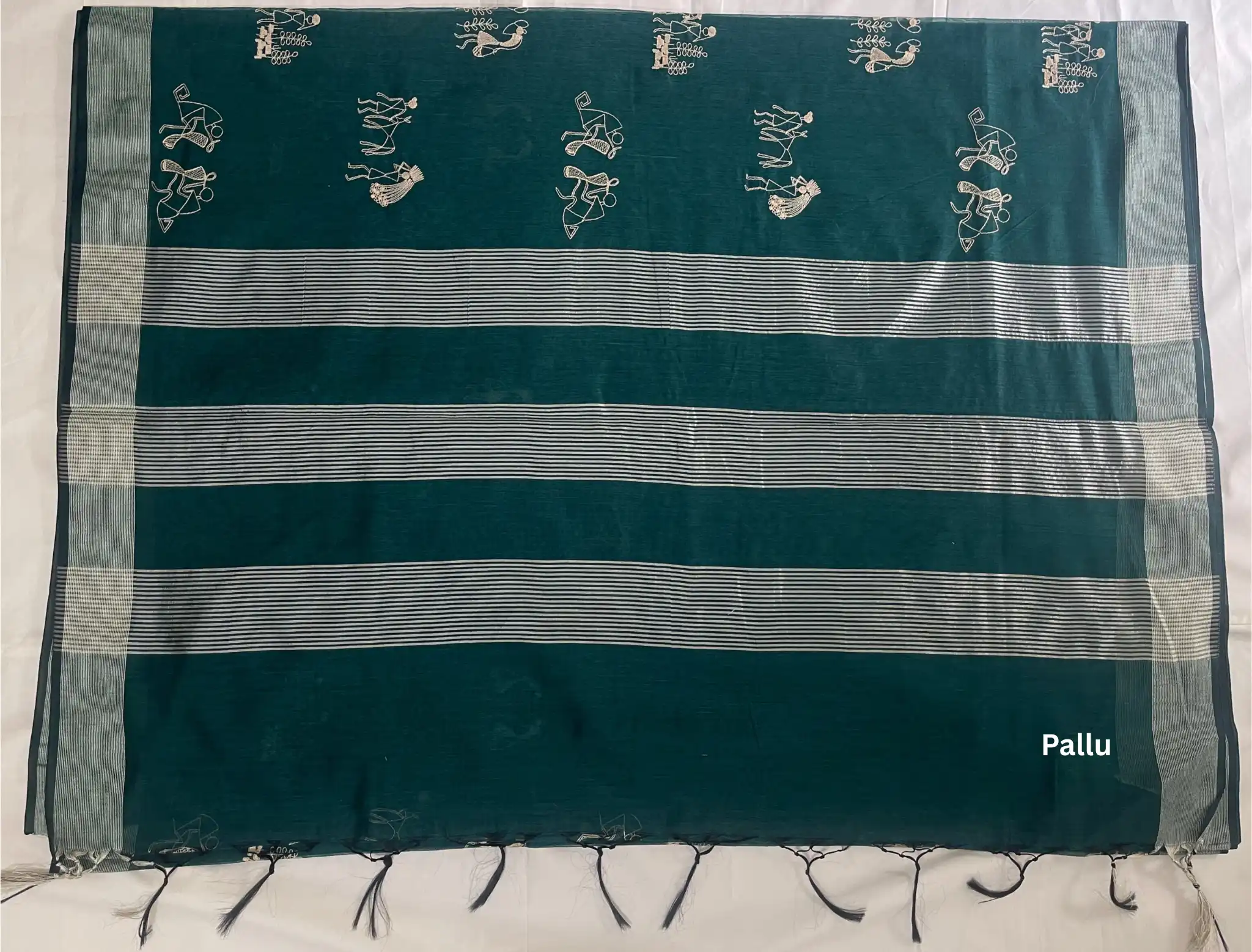 Saura Art Cotton Saree Peacock Teal Tribal Figures view 2