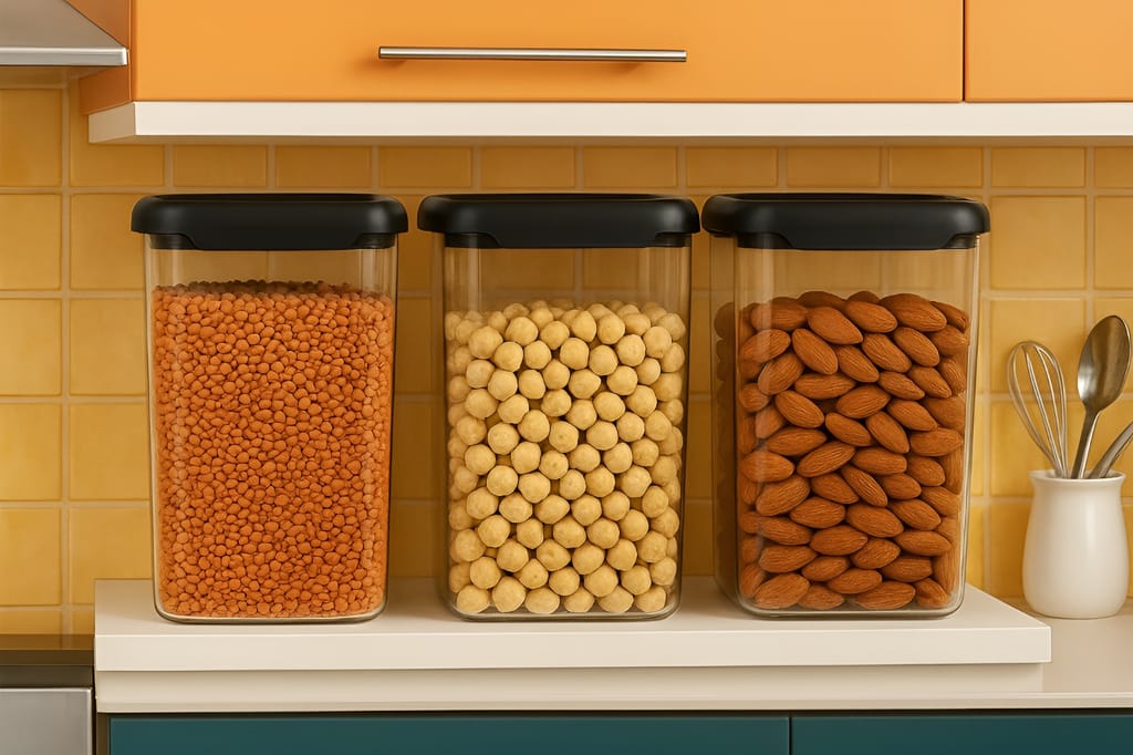 1100 ML Airtight Storage Container Set of 3 | Transparent Modular Kitchen Containers with Black Lid | Food Grade Plastic Jars for Dry Fruits, Pulses, Snacks & Pantry Storage