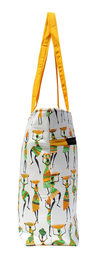 Mandhania Warli Printed Indian Tribal Art Women's Tote, Shoulder Bag Yellow view 2