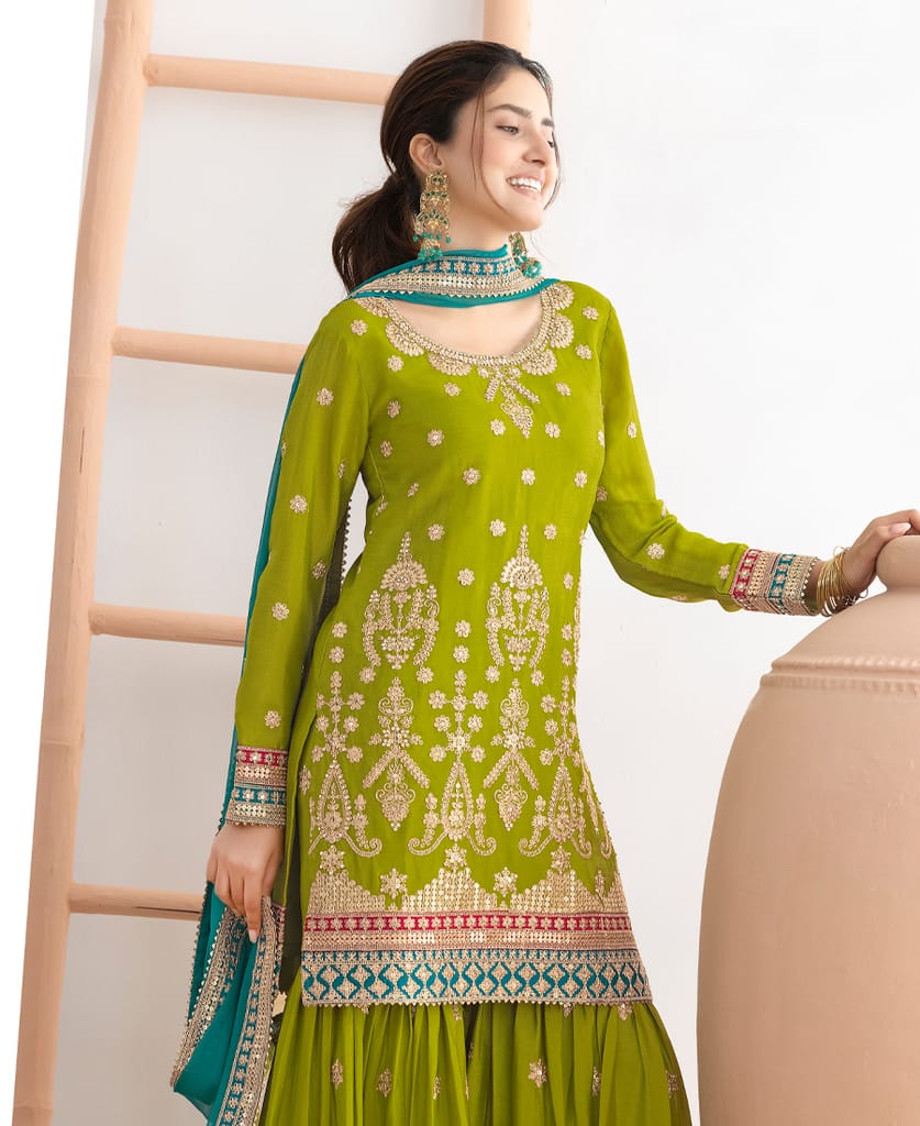 Trendy Green Chinon Sharara Suit for Women Festival Wear view 2