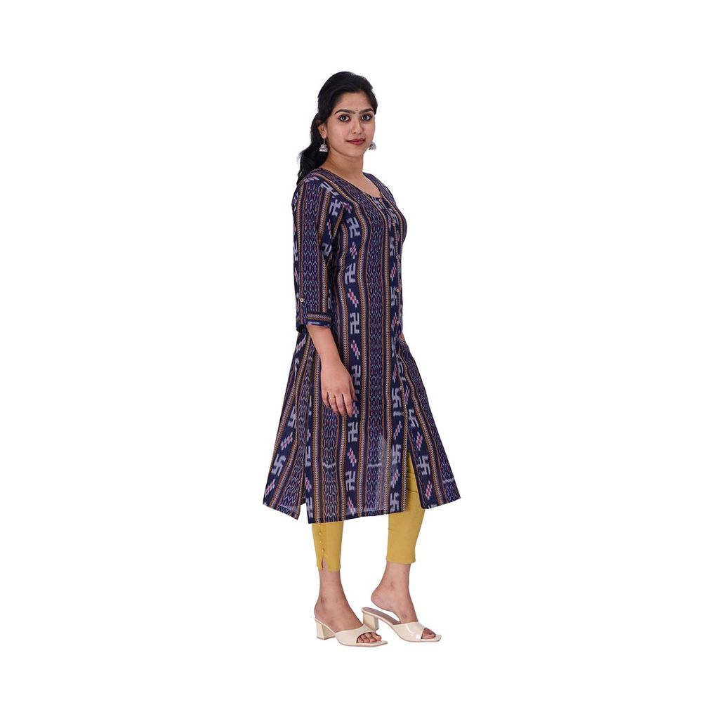 GHL GUENDICHA HAAT Sambalpuri Certified Handloom Women's Pure Cotton Round Neck Front Slit Kurta view 2