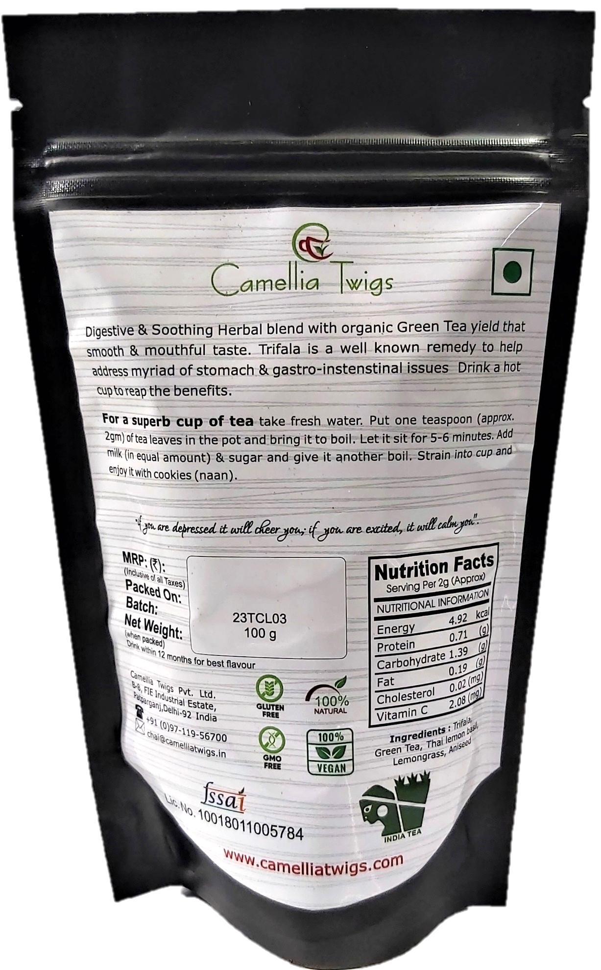 Camellia Twigs Himalayan Monk Triphala Green Tea | 100 G Loose Leaf Herbal Tea for Digestion | With Lemon Tulsi, Lemongrass, Aniseed & Darjeeling Green Tea | Ayurvedic Wellness Blend view 2