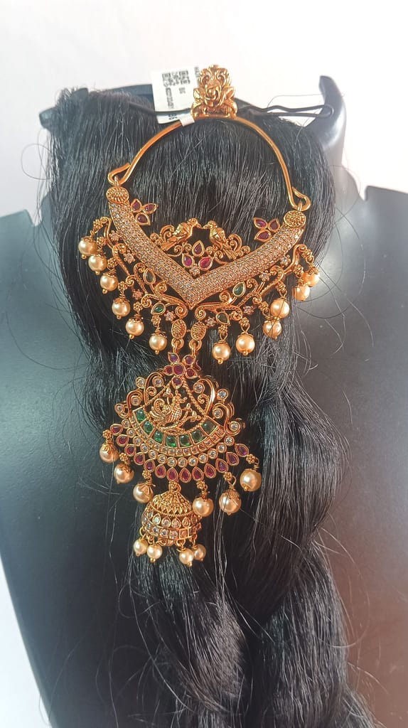 Gold-plated traditional Indian nath with green and red beads view 2