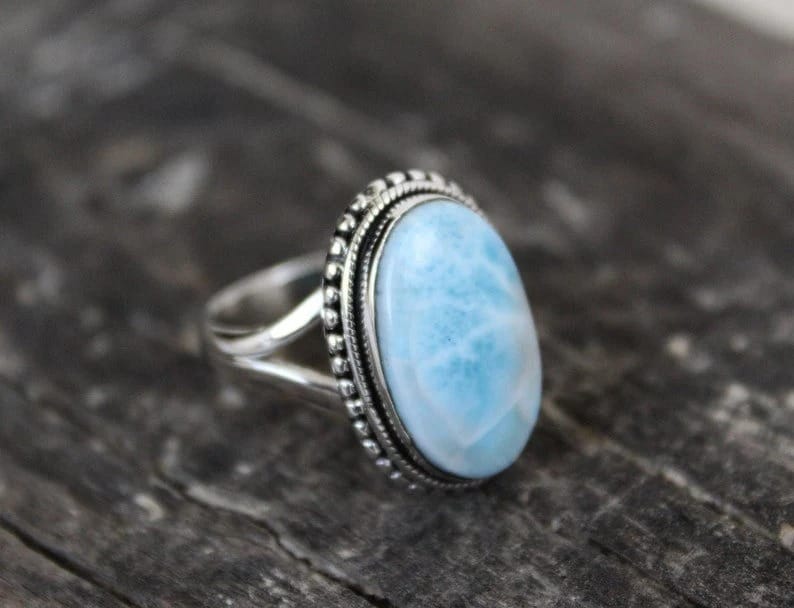 Larimar Ring, 925 Sterling Silver Ring, Statement Larimar Gemstone Ring Designer Handmade Jewelry Gift For Her view 2