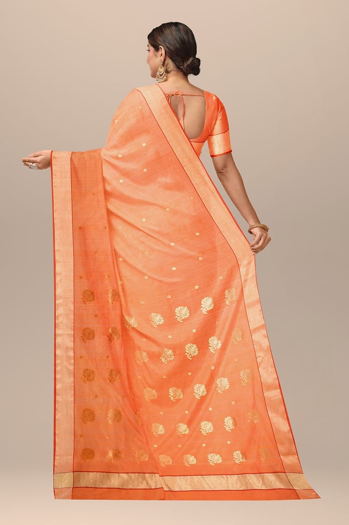 Orange Handwoven Traditional Floral Golden Buta Chanderi with Golden Zari Border SKU - BS10087 view 2