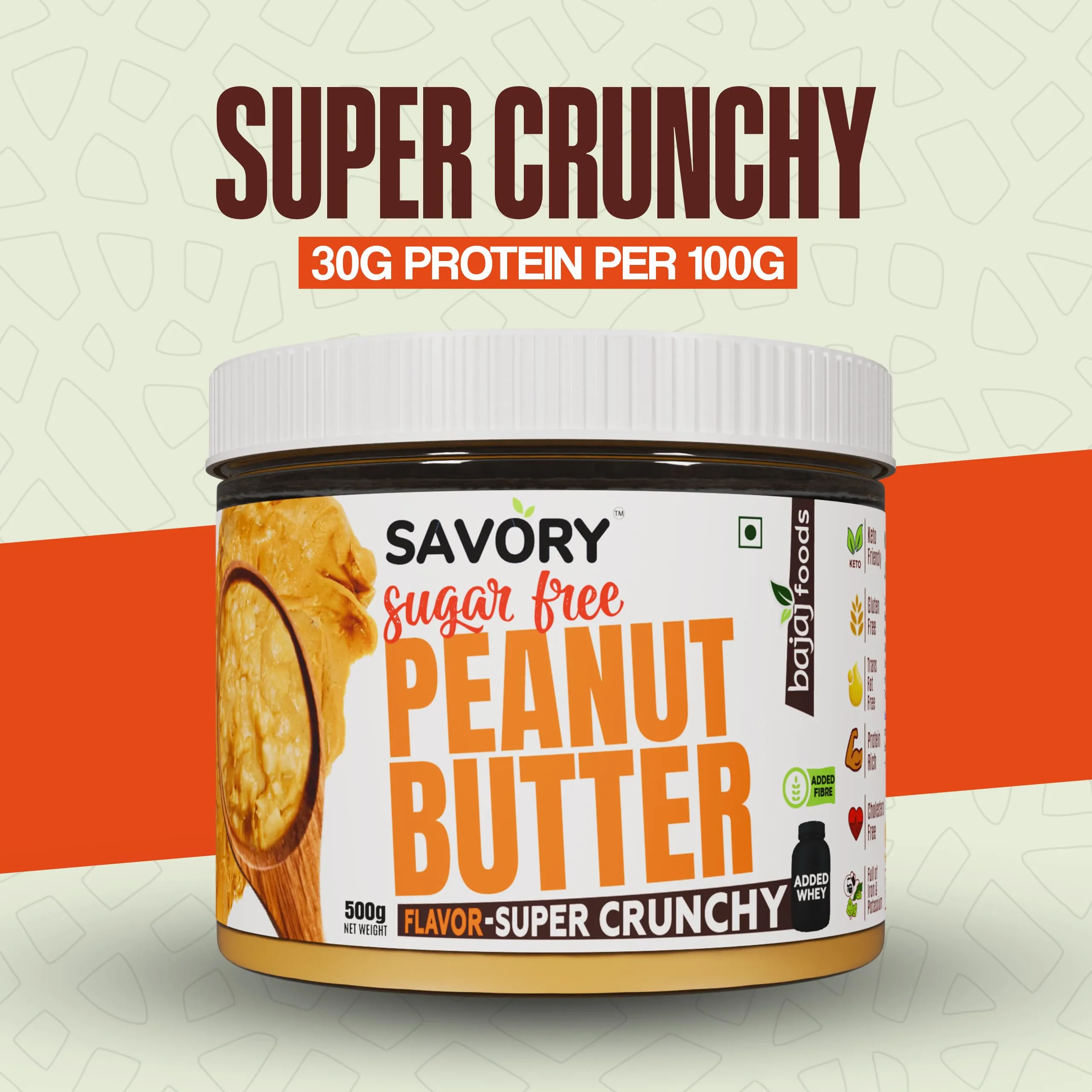 SAVORY Super Crunchy Peanut Butter (Sugar-Free) with Added Whey | High in Protein | No Added Sugar, Energy Booster, Gluten-Free & Keto Friendly | Cholesterol & Trans-fat Free | Healthy Protein Rich Spread (500g) view 2