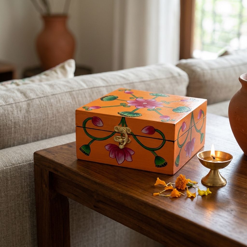 Hand Painted Pichwai Art Wooden Orange Color Square shape Storage Box view 2