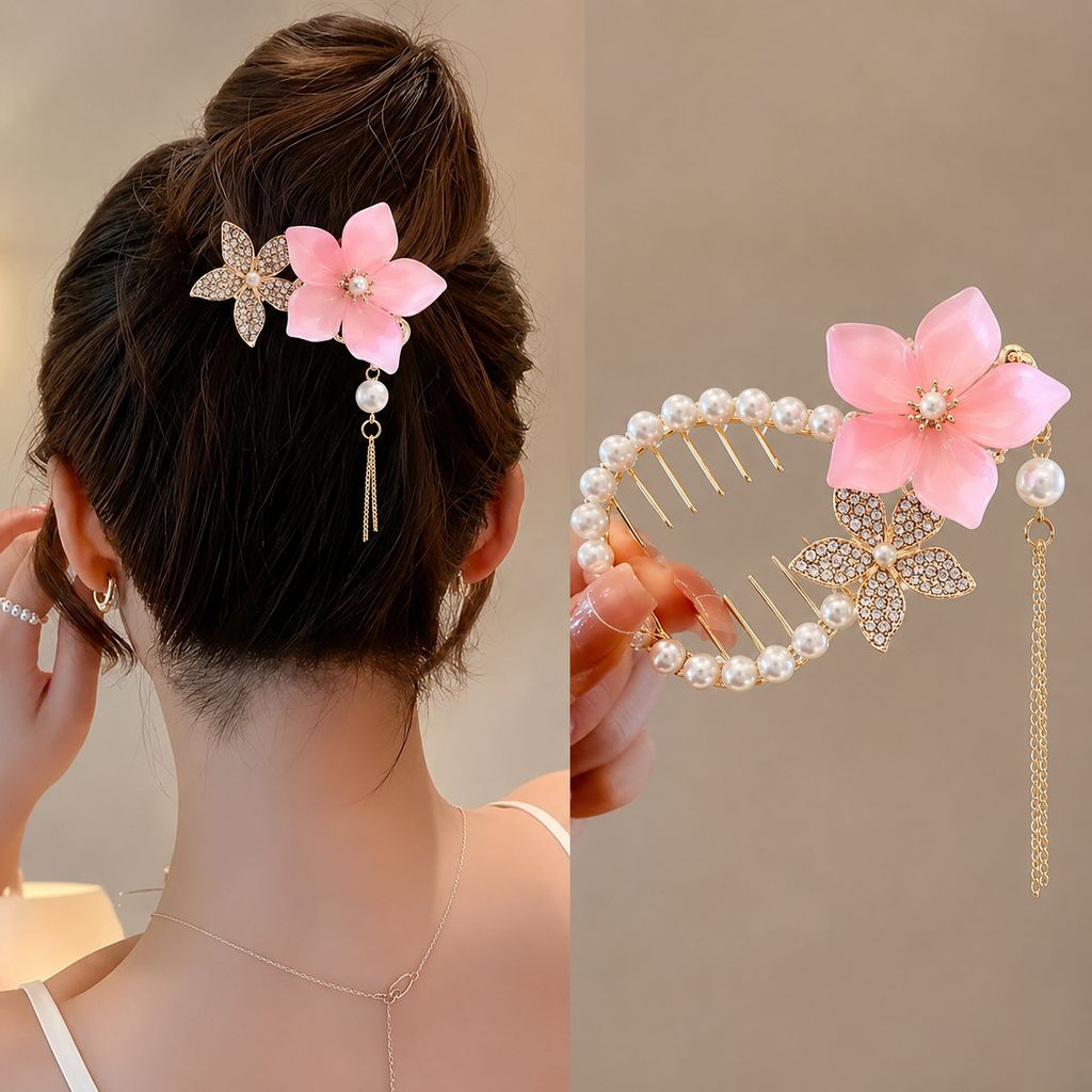 Elegant Pearl Floral Hair Comb with Tassel view 2