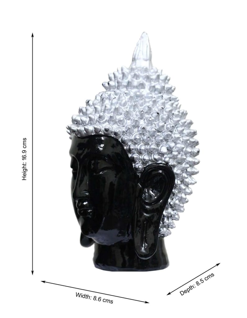 COPPERHOARD Silver Black Resin Meditating Buddha Head Statue with Beautiful Smile for Home Temple and Showpiece. view 2