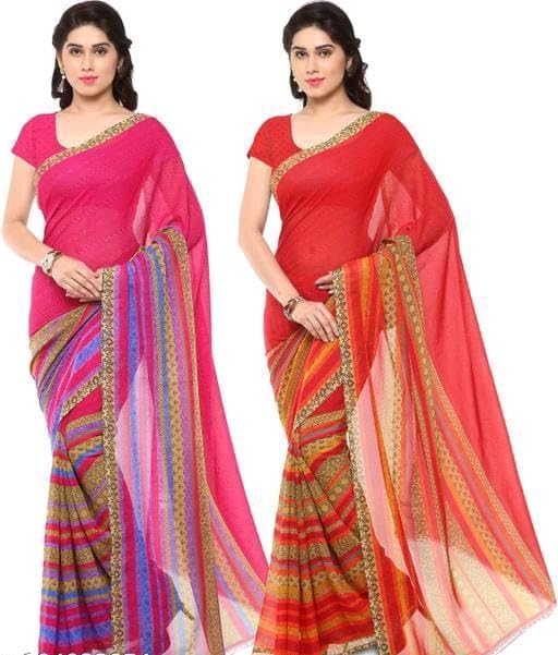 KHUSHBOO DESIGNERS Women's Solid Georgette 5.5 Meter Saree with Unstitched Blouse Piece (Multicolor-2) Pack Of 2 view 2