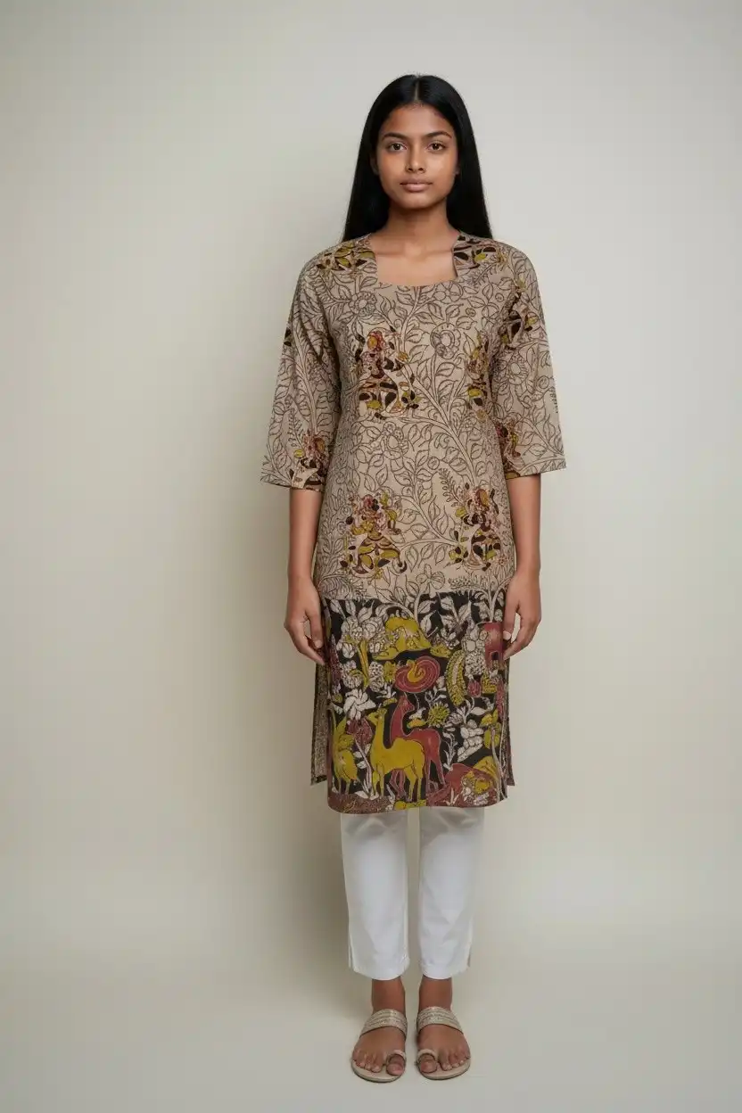 Kalamkari Print Cotton Kurti Mustard Yellow Black