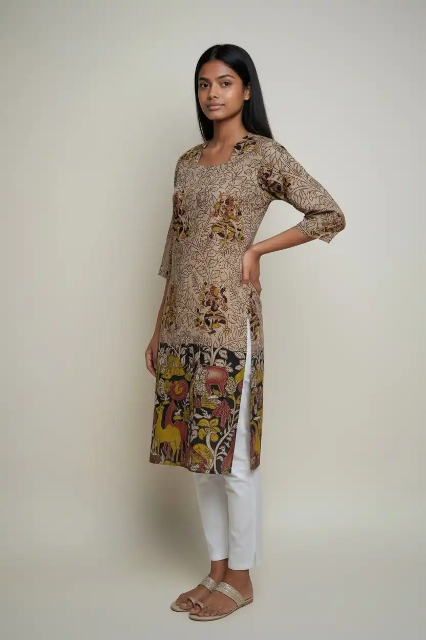 Kalamkari Print Cotton Kurti Mustard Yellow Black view 2