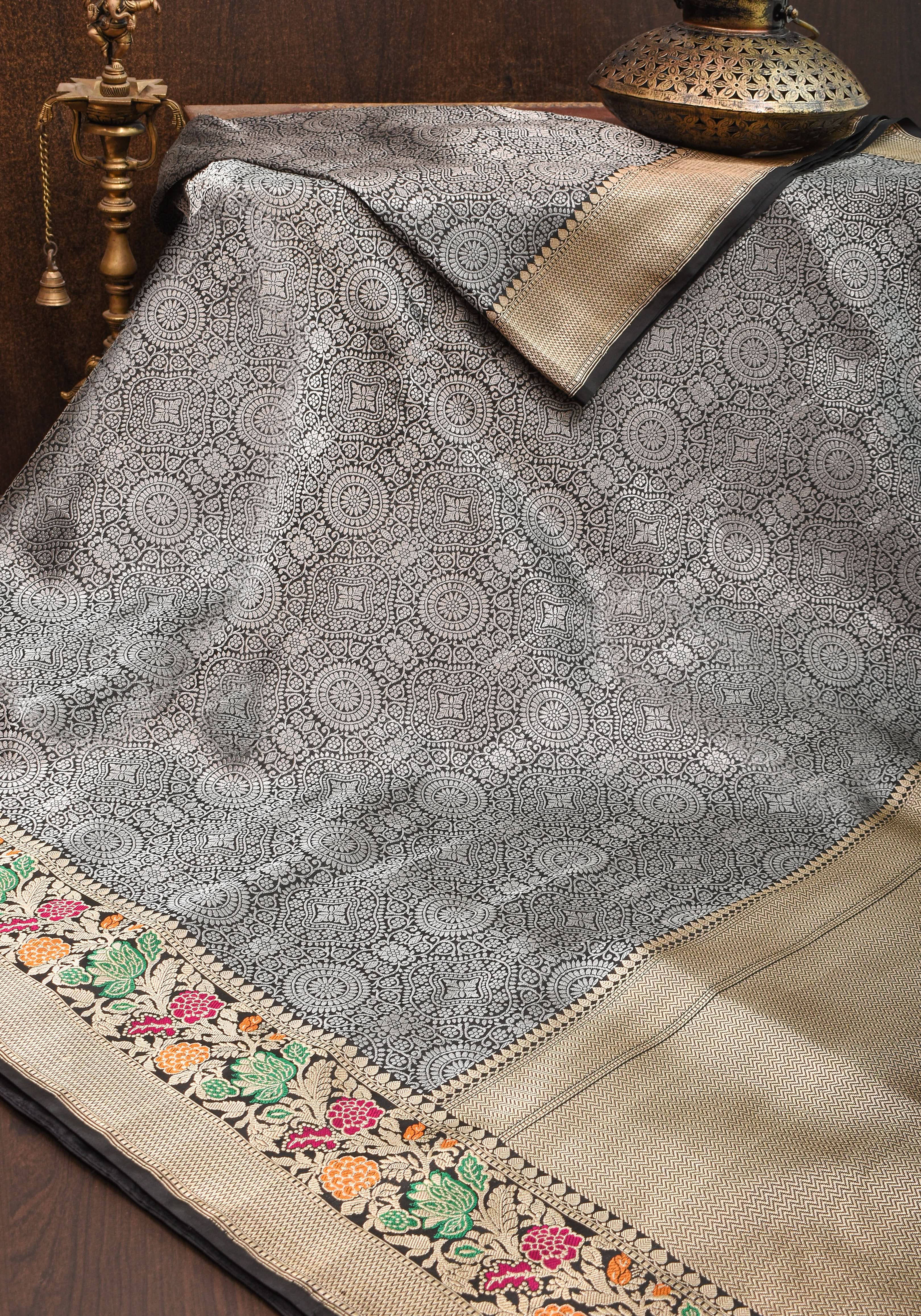 Exquisite Brocade Banarasi Saree in Black with Meenakari Borders | SILK MARK CERTIFIED view 2