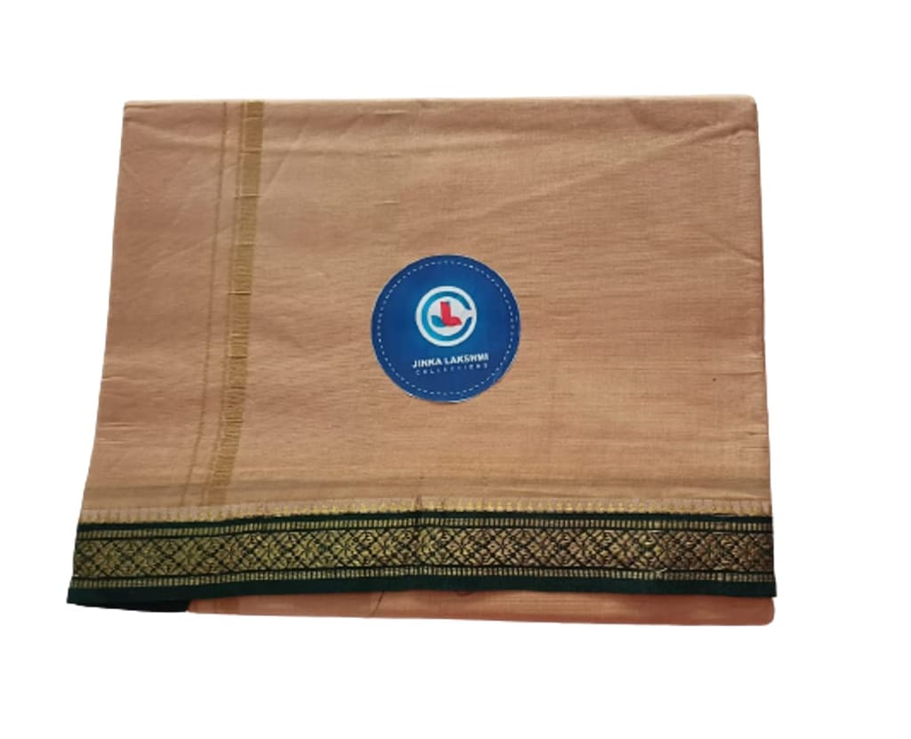 Jinka Lakshmi Collections 100% Handloom Biege Color Cotton Dhoti With Zari Border Up and Down 4 Meters Unstitched Pack of 2 (Multicolor-01) view 2