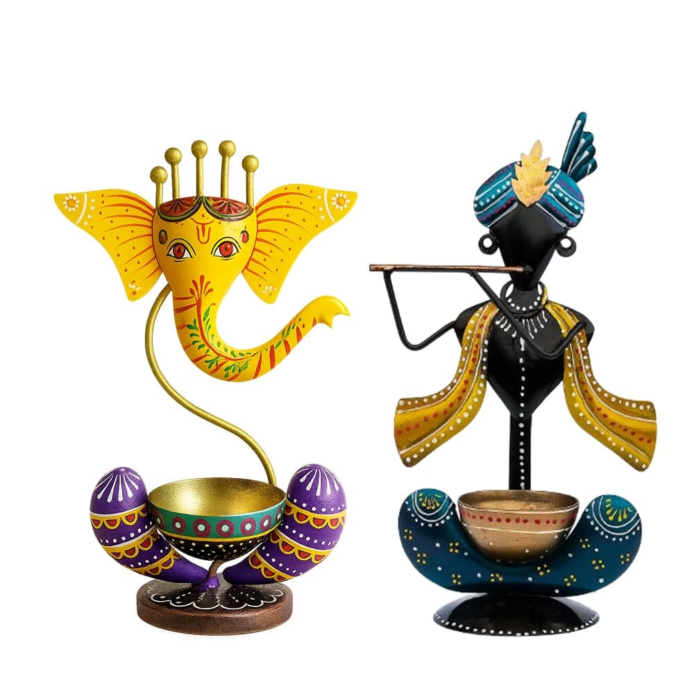 Decorative Metal Ganesh & Krishna Tea Light Candle Holder Set, Traditional Indian Design, Home Decor & Pooja Accessories, 2 Pieces view 2