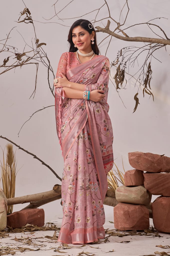 Elegant Floral Printed Pink Linen Blend Saree for Women view 2